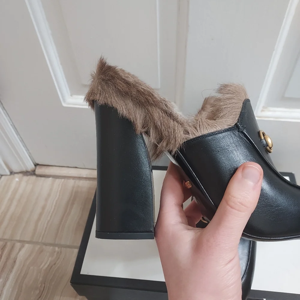 Gucci Black Princetown Fur Leather Malaga Canberra Heel Mule Slide - Picture 3 of 11
